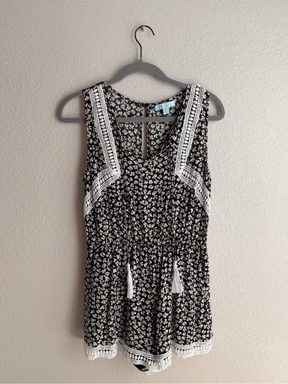 She + Sky Black and White Floral Romper with Crochet Trim